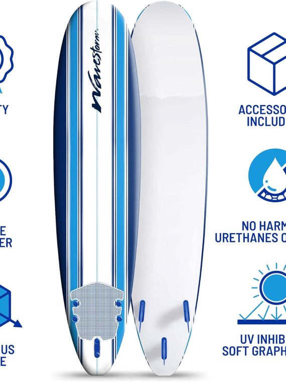 2025 Wavestorm 8ft Classic Surfboard // Foam Wax Free Soft Top Longboard for Adults and Kids of All Levels of Surfing
