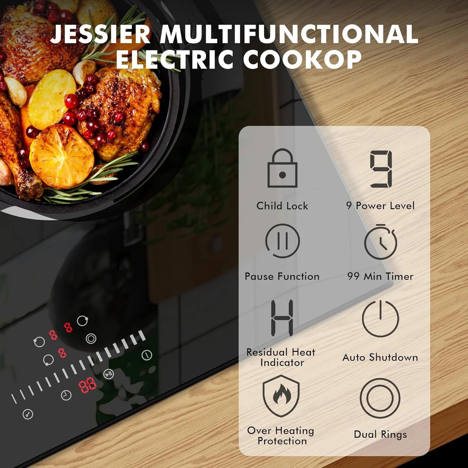 Electric Cooktop 30 Inch - 5 Burners Built-in Ceramic Cooktop, 30" Electric Stove Top with Glass Protection Metal Frame, 9 Heating Level, 8400W, 220-240V for Hard Wire(No Plug)