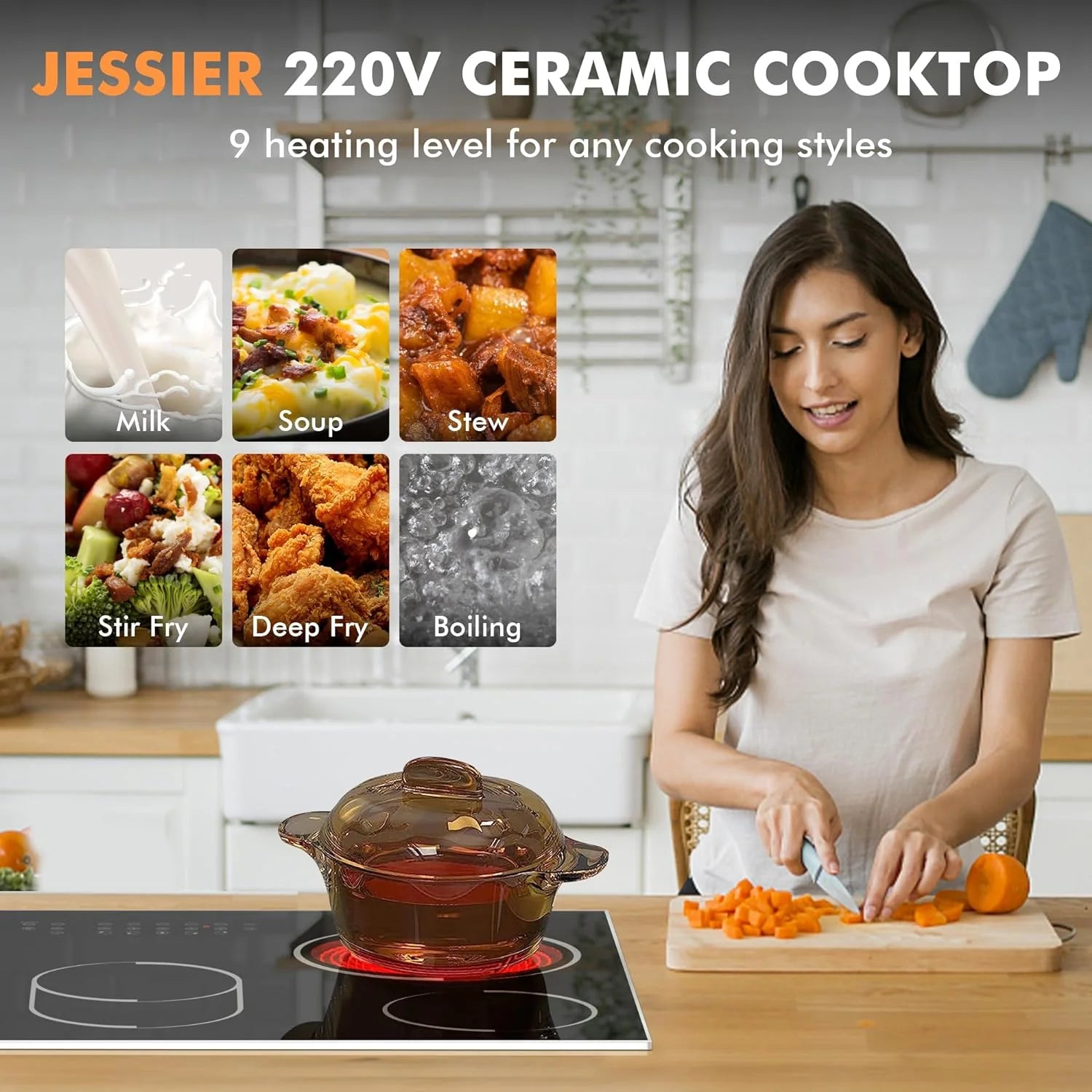 Electric Cooktop 30 Inch - 5 Burners Built-in Ceramic Cooktop, 30" Electric Stove Top with Glass Protection Metal Frame, 9 Heating Level, 8400W, 220-240V for Hard Wire(No Plug)