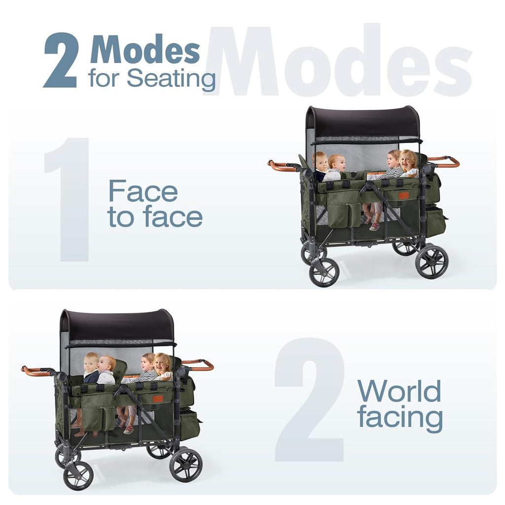 Wagon Stroller for 4 Kids, All-Terrain Wagon for Toddler with Canopy, Parent Organizer, Shoulder Bag, Adjustable Handlebar, Phone Holder, High Seat & 5 Point Harness, Ultimate Quad (Black)