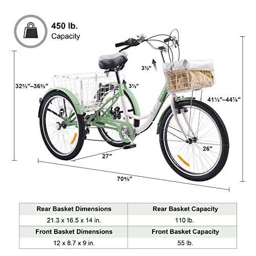 Viribus Adult Tricycle, 7 Speed Tricycle for Adults, 24" 3 Wheel Bikes for Adults with Baskets