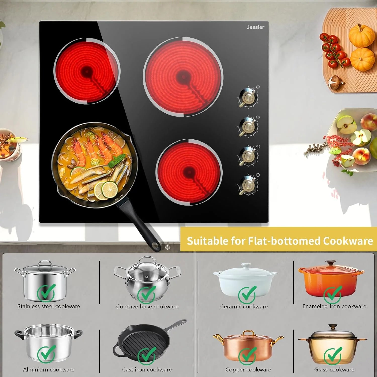 Electric Cooktop 30 Inch - 5 Burners Built-in Ceramic Cooktop, 30" Electric Stove Top with Glass Protection Metal Frame, 9 Heating Level, 8400W, 220-240V for Hard Wire(No Plug)