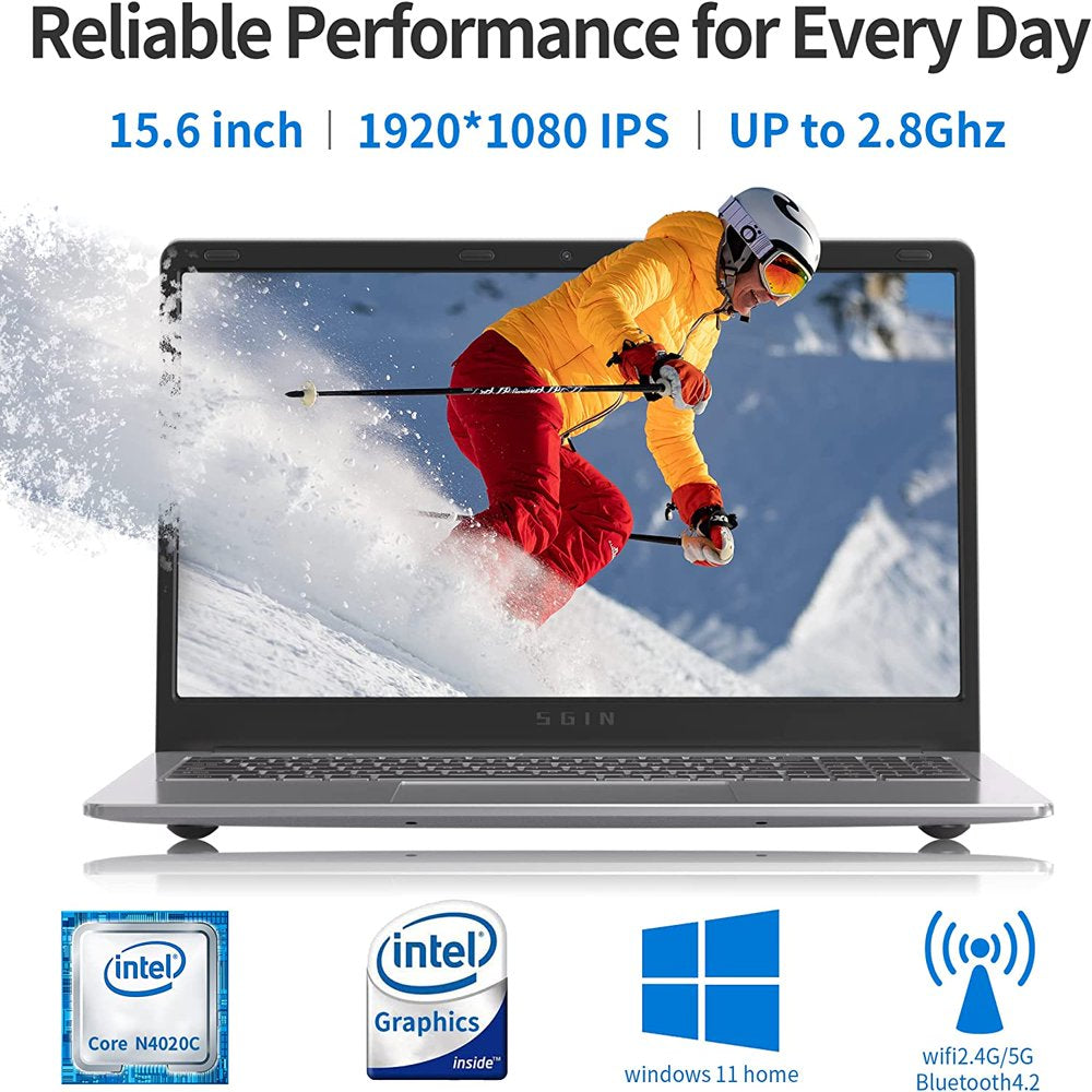 SGIN M15 15.6′′ Laptop, Full HD, 4GB RAM, 128GB SSD, Quad-Core Intel Celeron, Windows 11