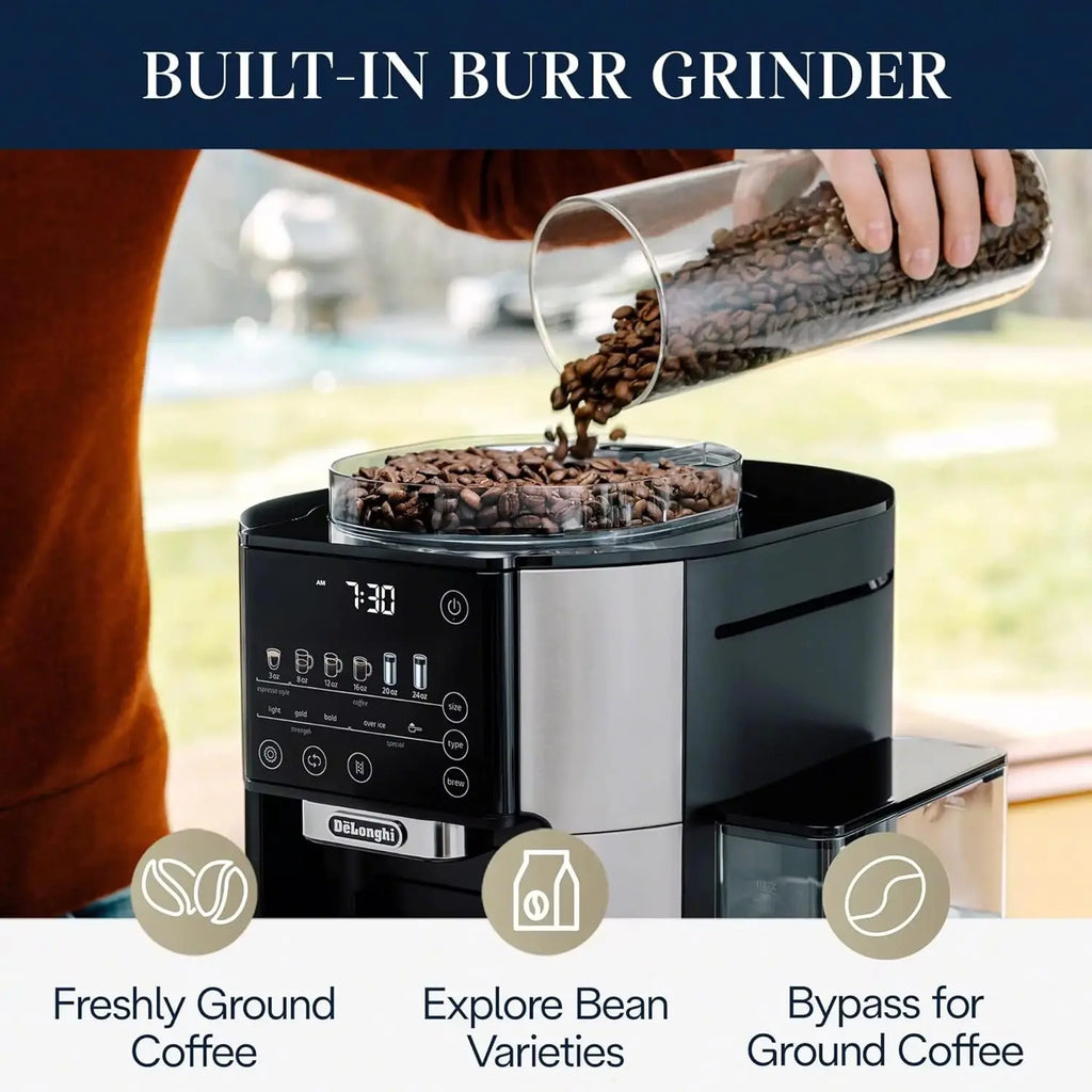 De’Longhi TrueBrew Drip Coffee Maker with Built-in Grinder, Programmable, 6 Brew Sizes, 5 Styles, Stainless Steel, Silver Black