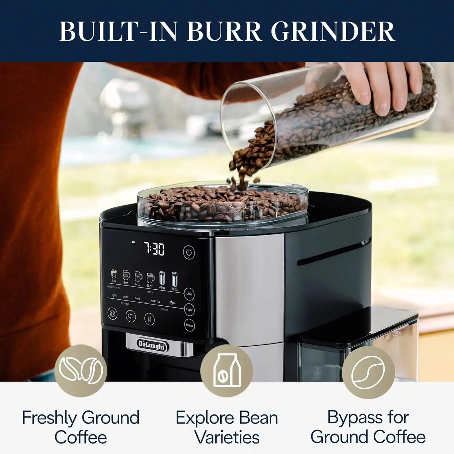 De’Longhi TrueBrew Drip Coffee Maker with Built-in Grinder, Programmable, 6 Brew Sizes, 5 Styles, Stainless Steel, Silver Black