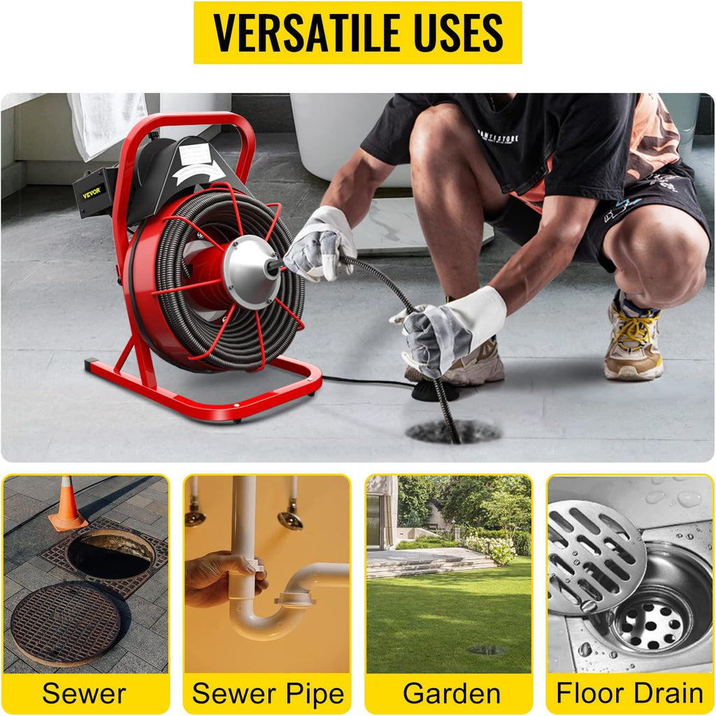 Drain Cleaner Machine, 75 Ft x 3/8 Inch Drain Cleaning Machine Fits 1 to 4 Inch Pipes, Portable Drain Auger Cleaner with 4 Cutters, Electric Drain Clog Remover Plumbing Tool