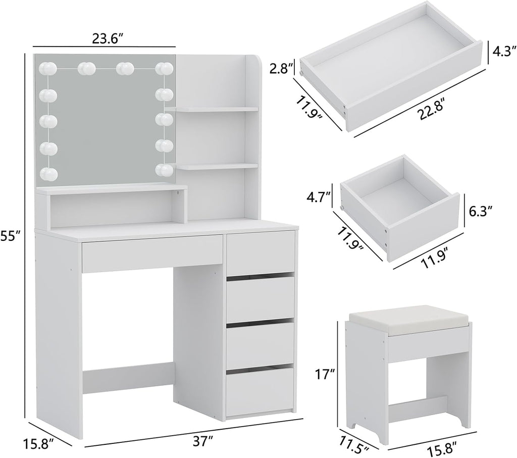 Furniouse Vanity Mirror with Lights and Table Set with 5 Drawers