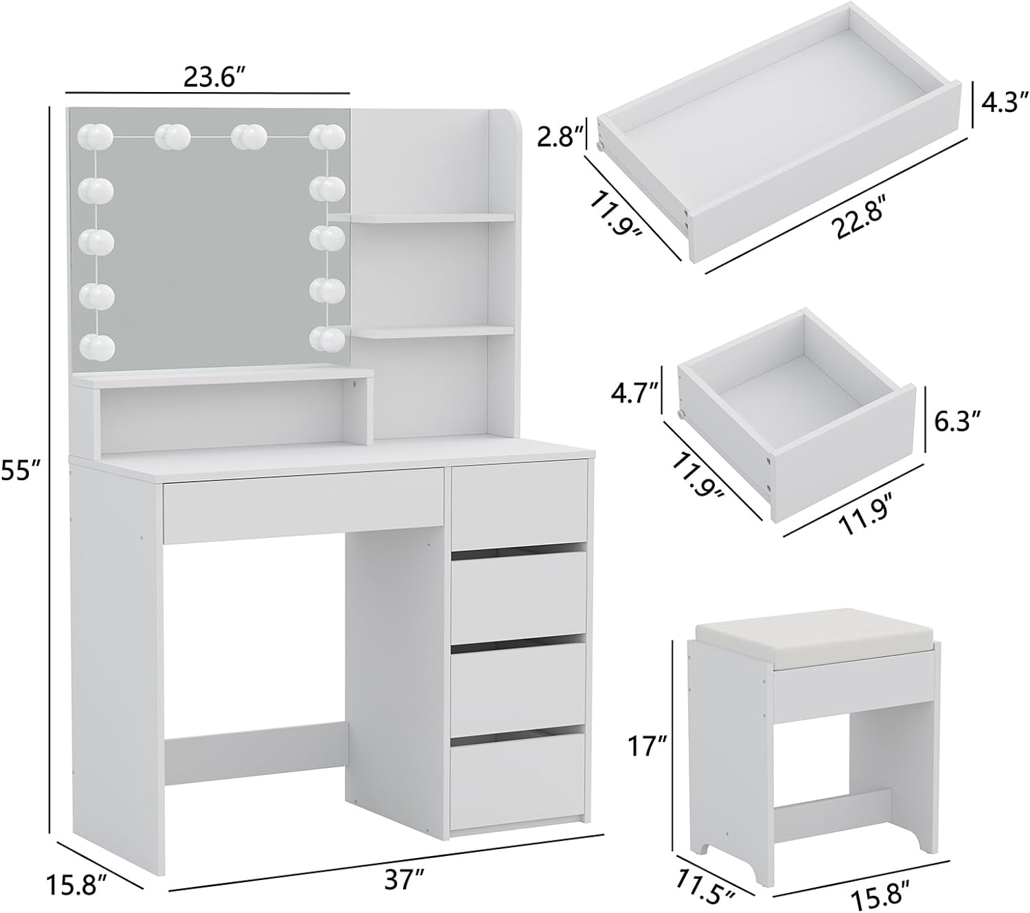 Furniouse Vanity Mirror with Lights and Table Set with 5 Drawers