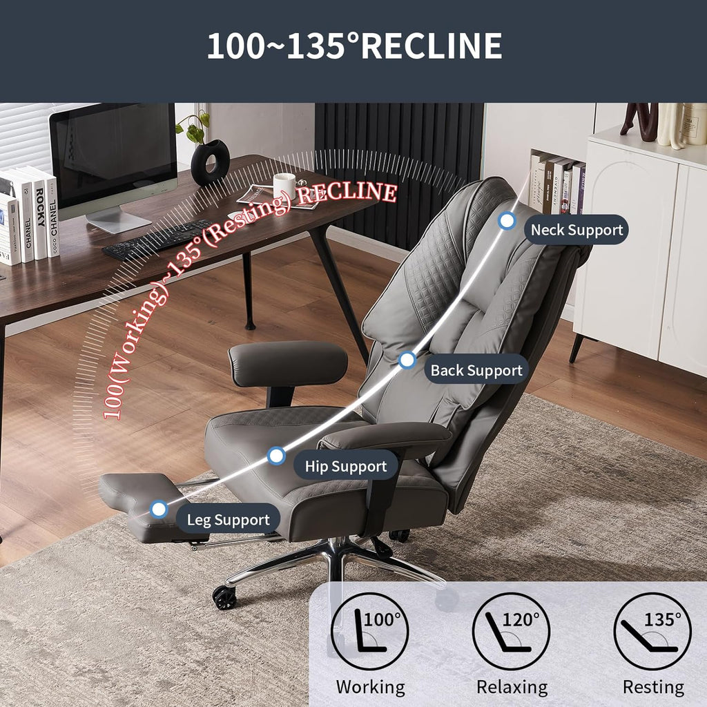 Large Tall Office Chair 400 lbs Wide Seat, Leather High Back Executive Office Chair with Footrest, Ergonomic Office Chair Lumbar Support to Relieve Lower Back Pain (Beige)