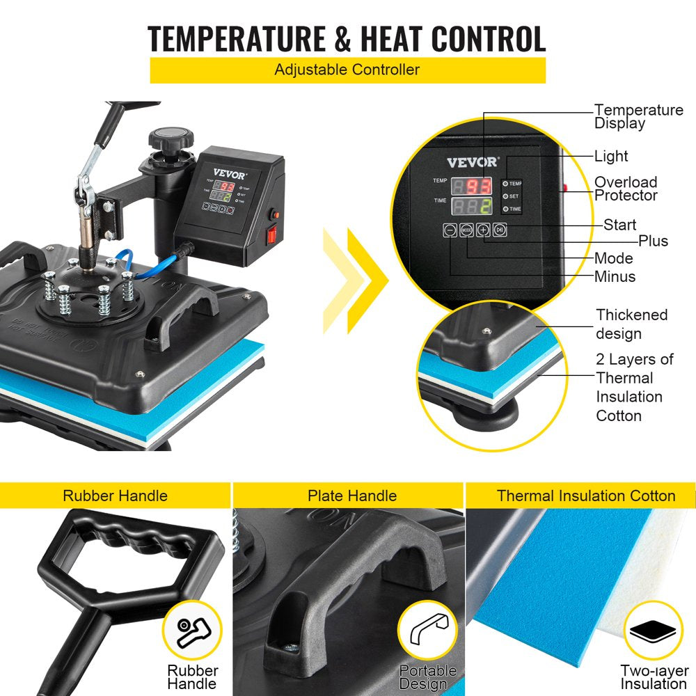VEVOR 5 in 1 Heat Press Machine, Digital Multifunctional Sublimation for T-Shirts, Hats, Mugs, Caps, Plates, 360° Rotation, Easy Operation