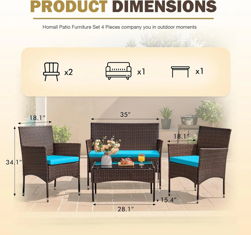 4 Pieces Patio Rattan Chair Wicker, Outdoor Indoor Use Backyard Porch Garden Poolside Balcony Furniture Sets (Red)