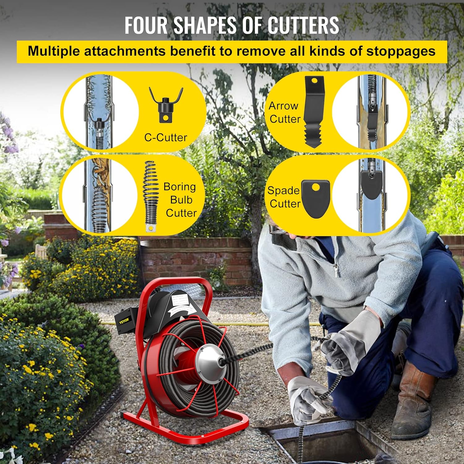Drain Cleaner Machine, 75 Ft x 3/8 Inch Drain Cleaning Machine Fits 1 to 4 Inch Pipes, Portable Drain Auger Cleaner with 4 Cutters, Electric Drain Clog Remover Plumbing Tool