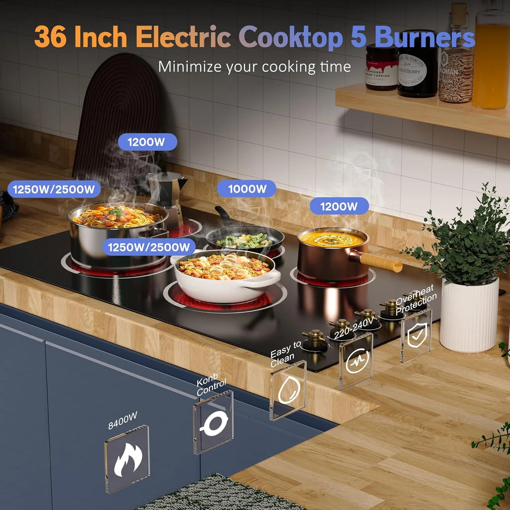 Electric Cooktop 30 Inch - 5 Burners Built-in Ceramic Cooktop, 30" Electric Stove Top with Glass Protection Metal Frame, 9 Heating Level, 8400W, 220-240V for Hard Wire(No Plug)