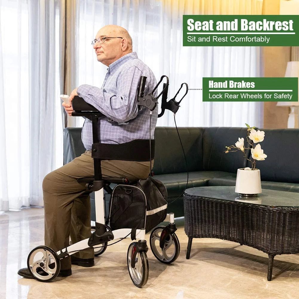 BEYOUR WALKER Upright Rollator Walker, 10′′ Wheels, Adjustable Armrest, Folding Design, White – Mobility Aid for Seniors