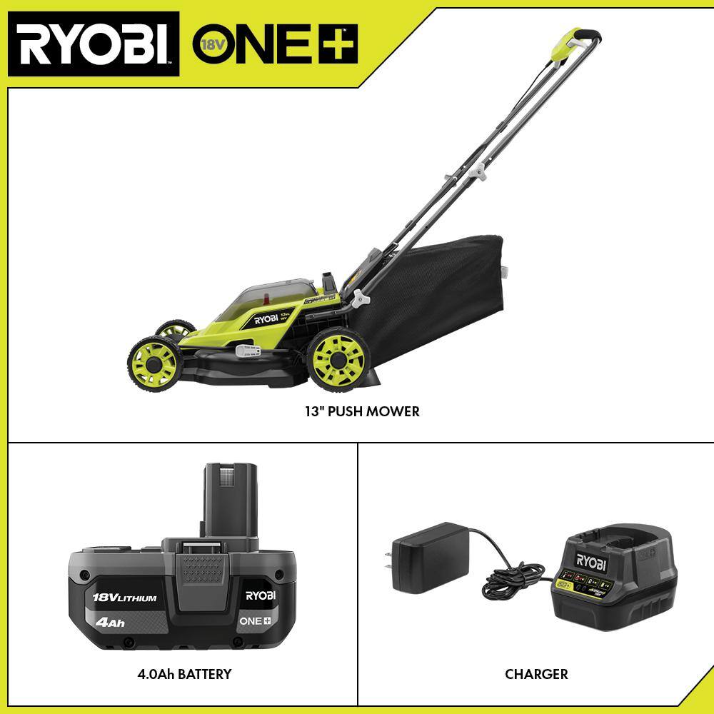 RYOBI ONE+ 18V 13 in. Cordless Battery Walk Behind Push Lawn Mower wit