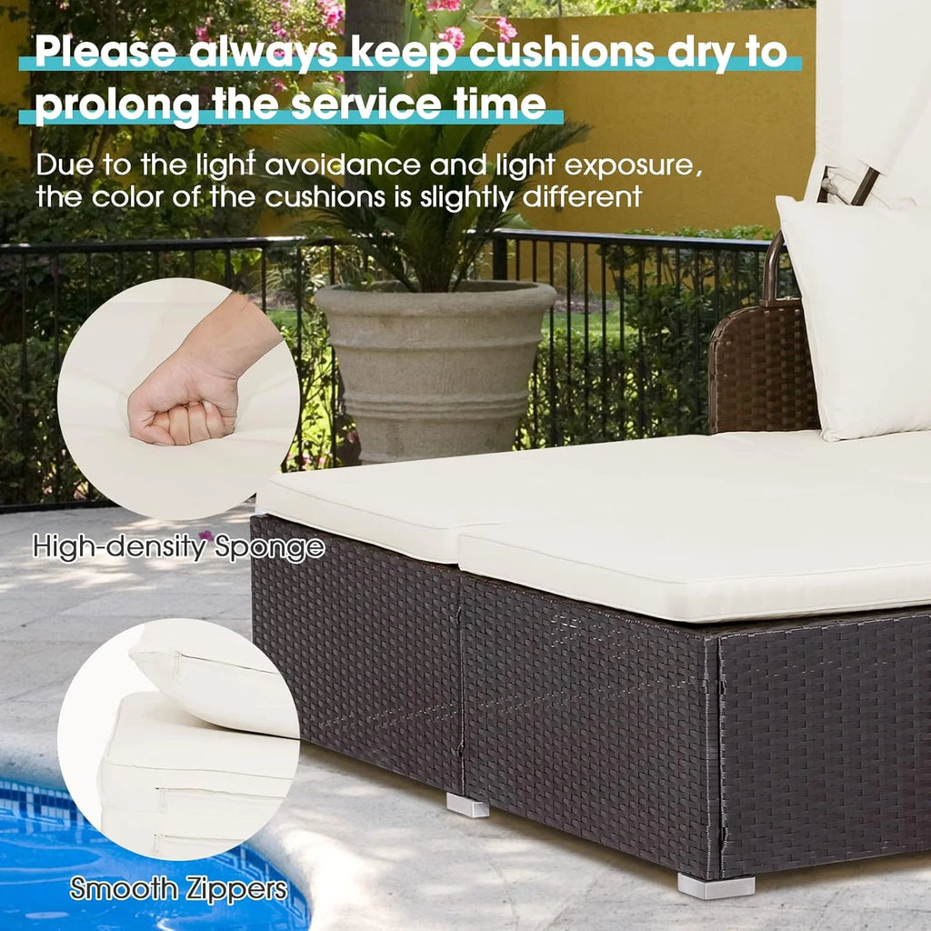 RELAX4LIFE Patio Outdoor Daybed with Canopy, Wicker Sunbed w/Cushions, 4 Pillows & 2 Retractable Side Trays, 2-Person Lounge Bed Conversation for Poolside Porch Garden, Rattan Outdoor Bed (Turquoise)