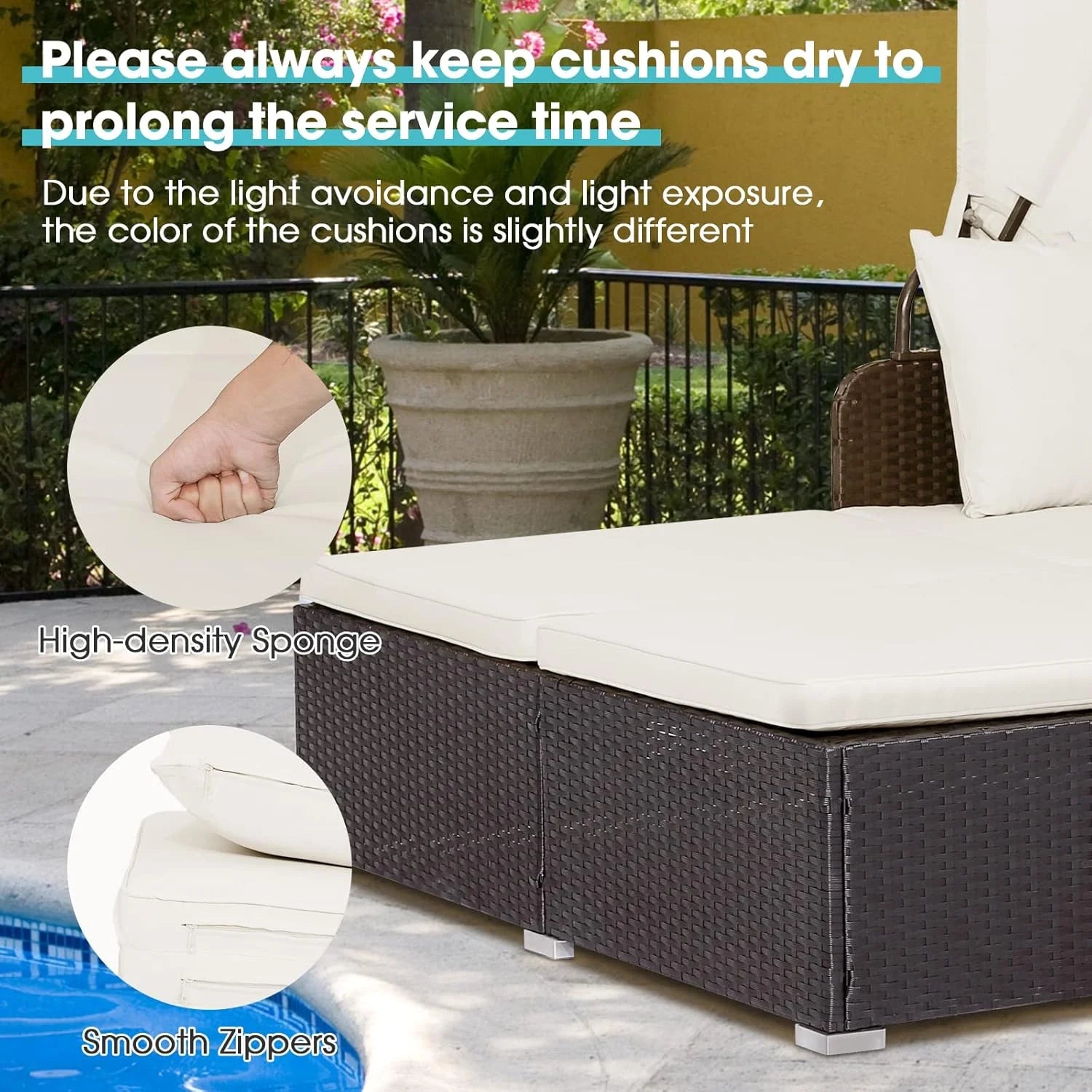RELAX4LIFE Patio Outdoor Daybed with Canopy, Wicker Sunbed w/Cushions, 4 Pillows & 2 Retractable Side Trays, 2-Person Lounge Bed Conversation for Poolside Porch Garden, Rattan Outdoor Bed (Turquoise)