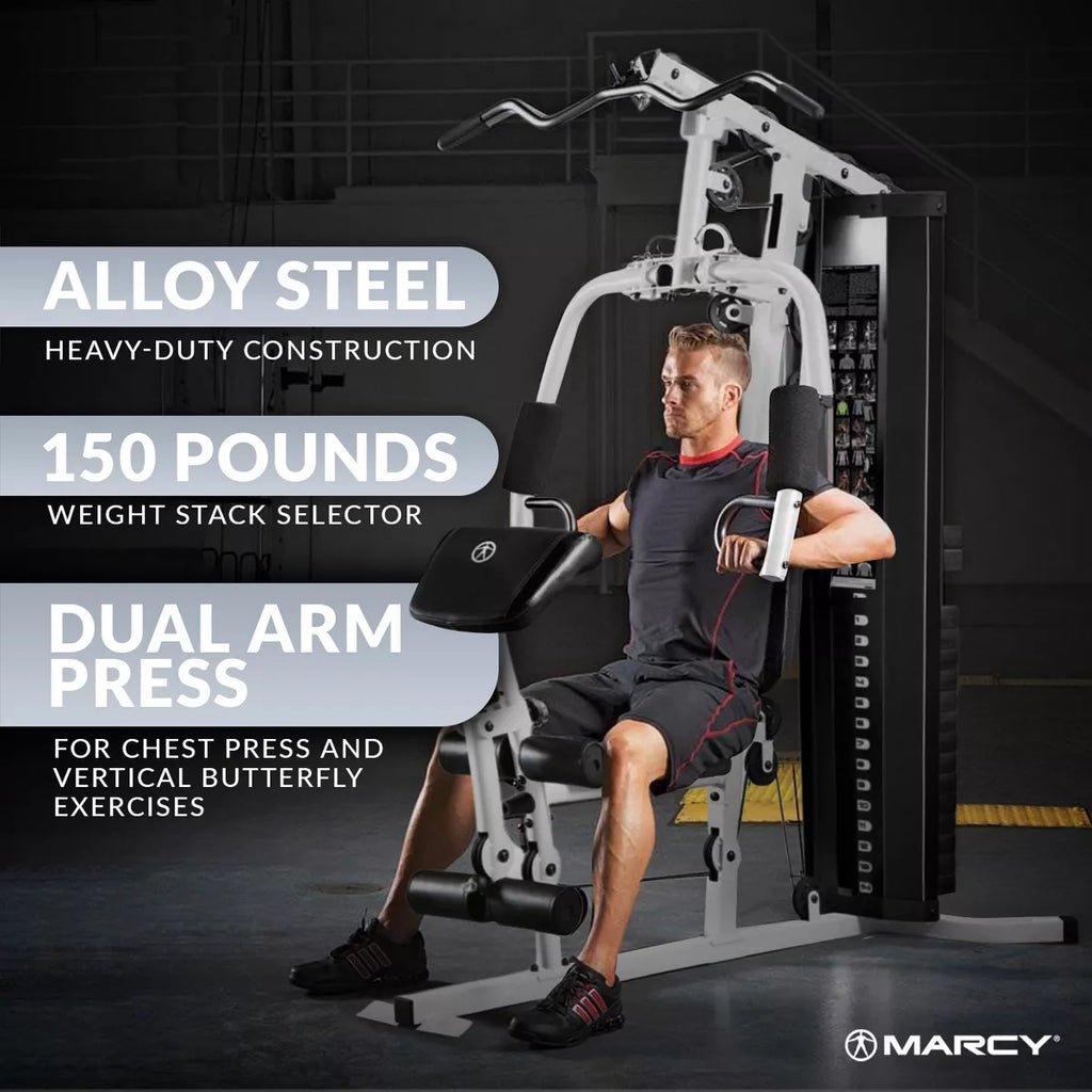 Marcy 150 Pound Stack Home Gym, Dual Function Arm Press & Leg Developer, Full Body Workout, Black/White