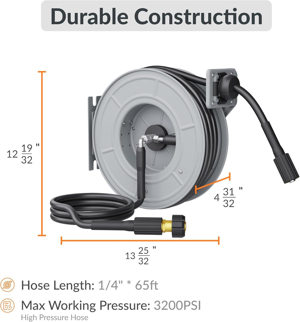 Giraffe Tools Pressure Washer Hose Reel, Any Length Lock, Auto Rewind, Wall Mounted