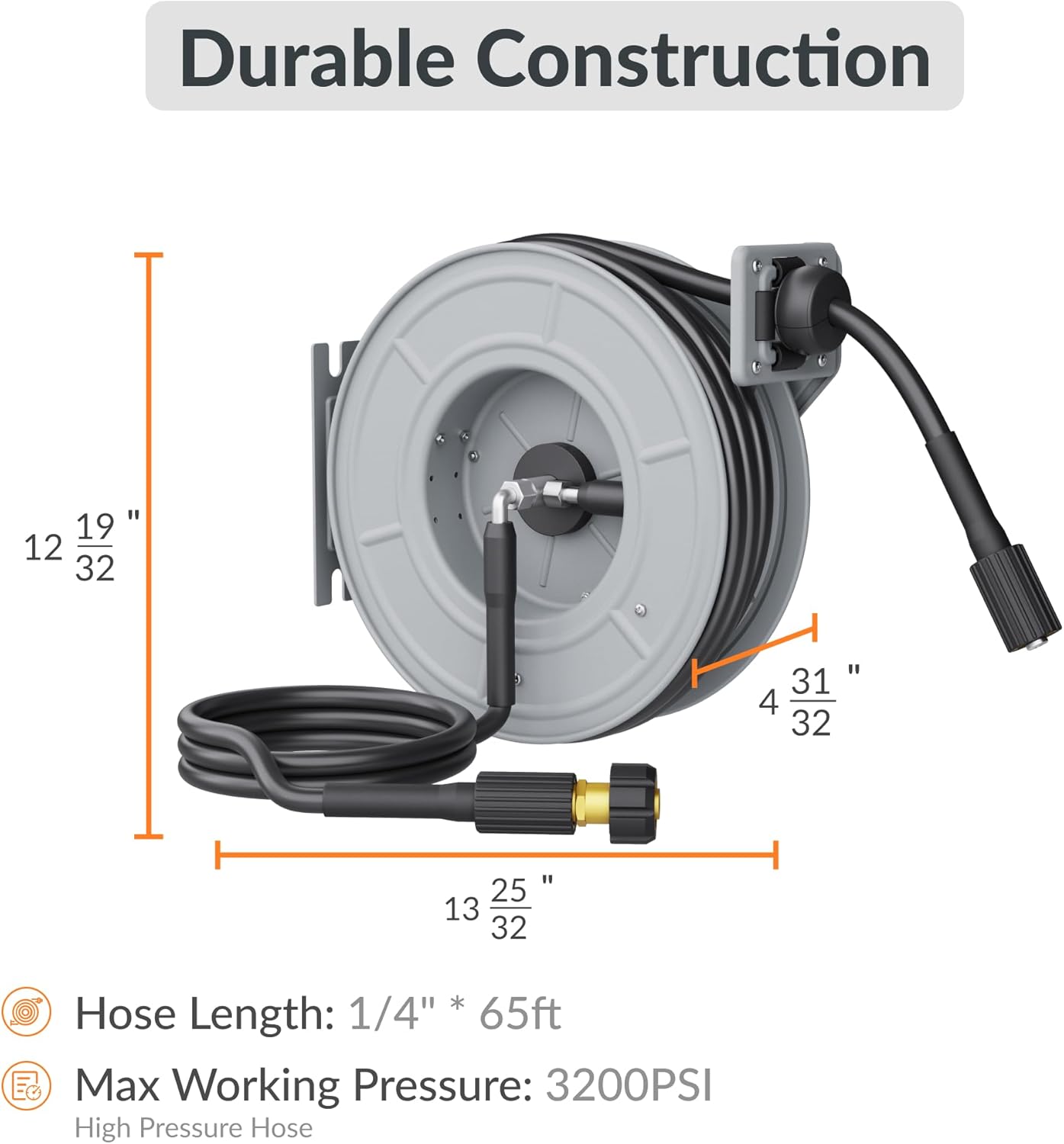 Giraffe Tools Pressure Washer Hose Reel, Any Length Lock, Auto Rewind, Wall Mounted