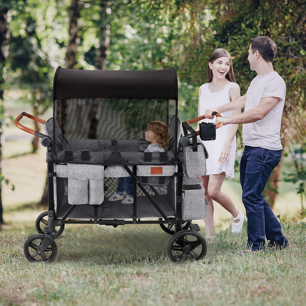 Wagon Stroller for 4 Kids, All-Terrain Wagon for Toddler with Canopy, Parent Organizer, Shoulder Bag, Adjustable Handlebar, Phone Holder, High Seat & 5 Point Harness, Ultimate Quad (Black)