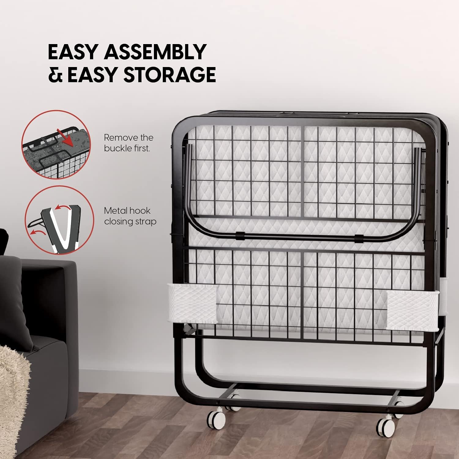 EconoHome Folding Bed with Mattress - Portable Foldable Roll Away Adult Bed for Guest