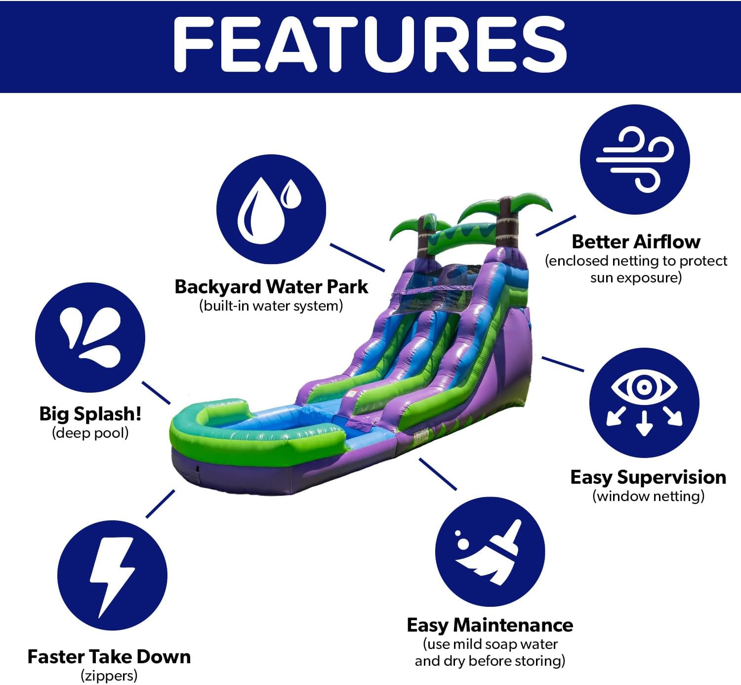 HeroKiddo 16’ Purple Tropical Lightweight Premium Commercial Grade Water Slide Inflatable with Attached Pool for Kids and Adults (with Blower), Wet Dry Use, Summer Fun