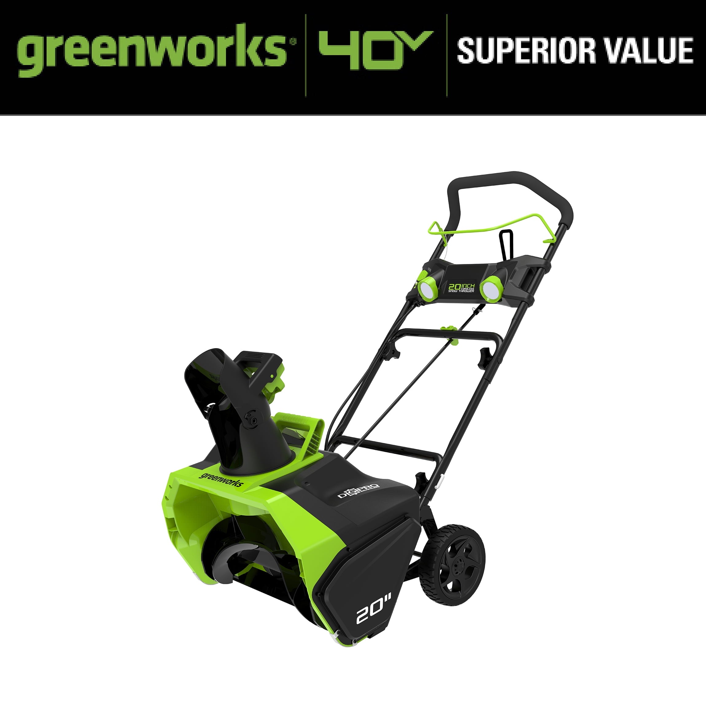 Greenworks 40V 20′′ Cordless Brushless Snow Blower with 4.0 Ah Battery & Charger, LED Lights, 180° Chute