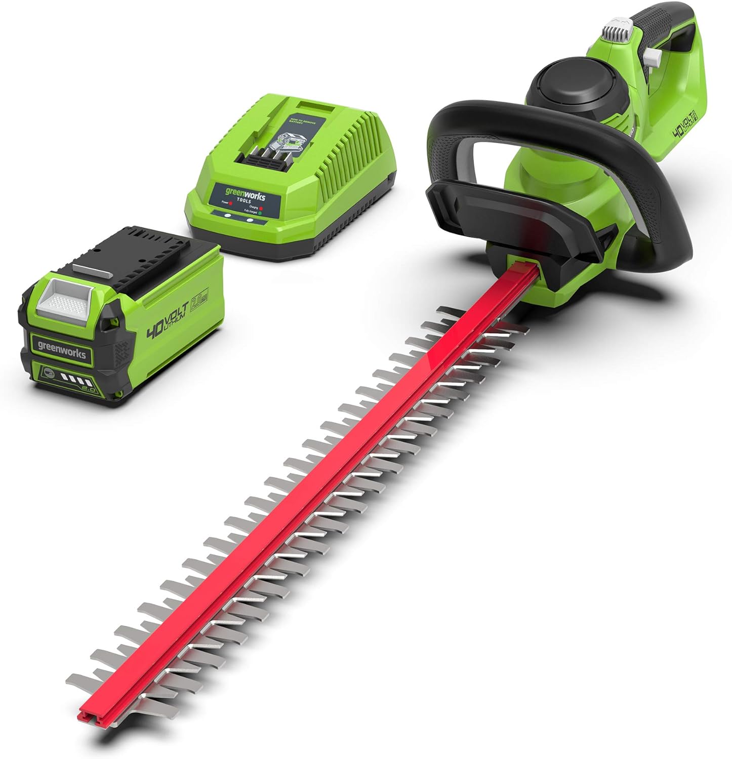 Greenworks G40HT61K2 Cordless Hedge Trimmer, 61cm Dual Action Blades, Cuts up to 27mm Thick Branches and Stems, 3000spm, 40V 2Ah Battery & Charger, 3 Year Guarantee