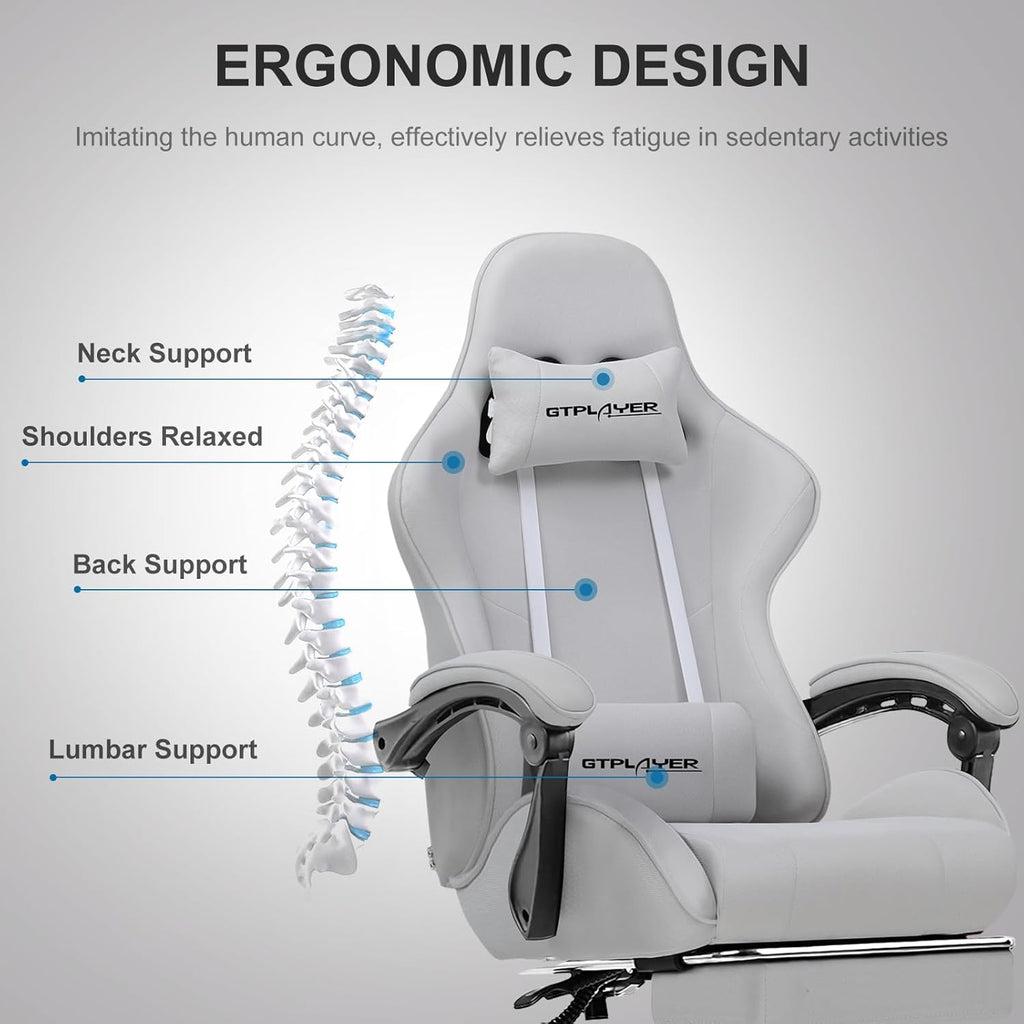 GTPLAYER Gaming Chair, Computer Chair with Footrest and Lumbar Support, Height Adjustable Game Chair with 360  -Swivel Seat and Headrest and for Office or Gaming (White)
