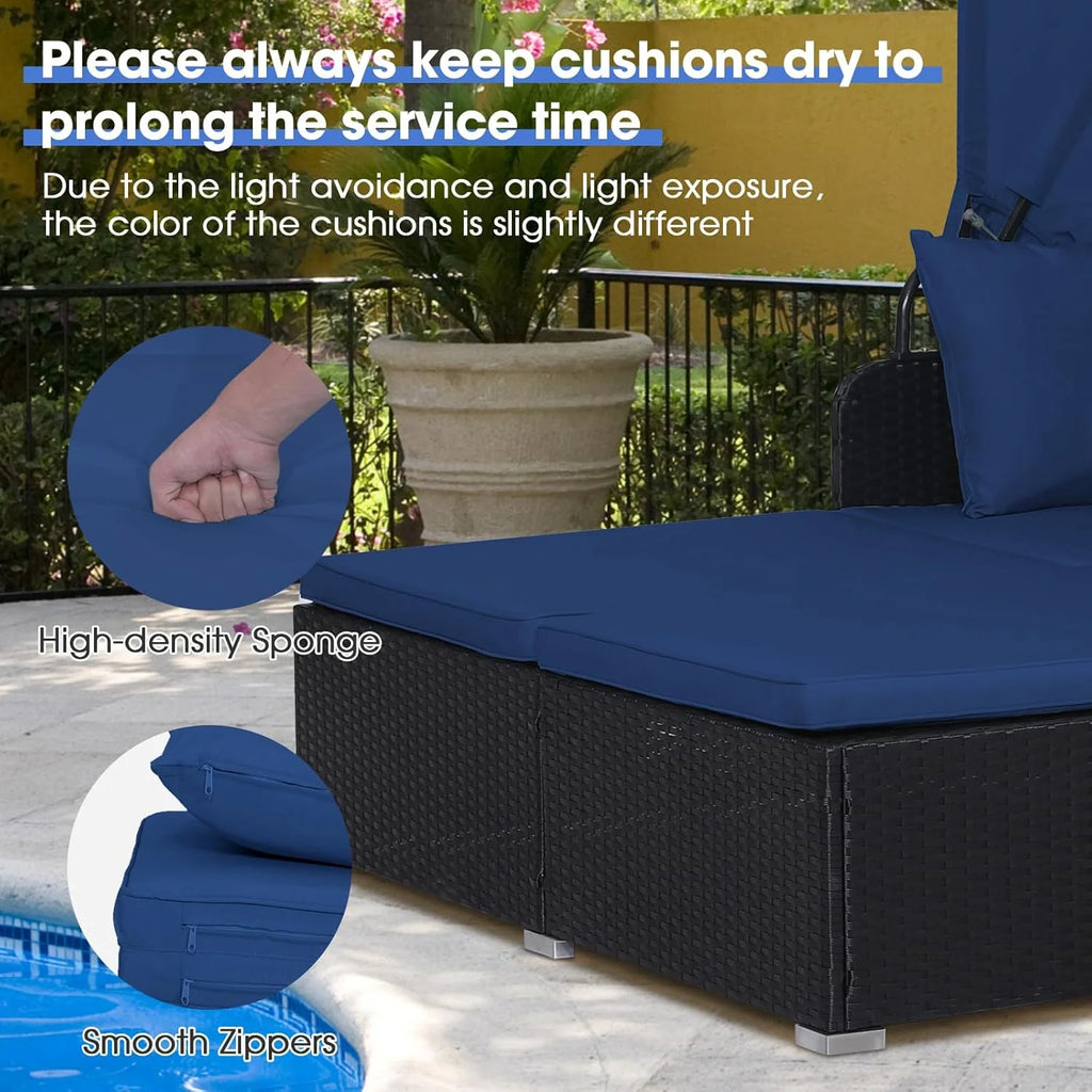 RELAX4LIFE Patio Outdoor Daybed with Canopy, Wicker Sunbed w/Cushions, 4 Pillows & 2 Retractable Side Trays, 2-Person Lounge Bed Conversation for Poolside Porch Garden, Rattan Outdoor Bed (Turquoise)