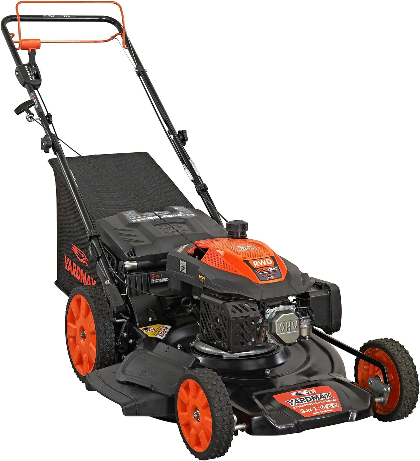 YARDMAX 22′′ Gas Self Propelled Lawn Mower, 201cc, 6-Speed CVT, High Wheel RWD, 3-in-1, Black