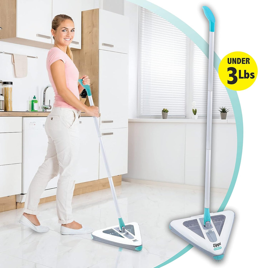 2025 Zippi Sweeper Max- Powerful and Lightweight Sweeper  Perfect for Carpet Hardwood and Tile  Triangular Design Allows for Sweeping in Corners  1000 mAh Rechargeable Battery