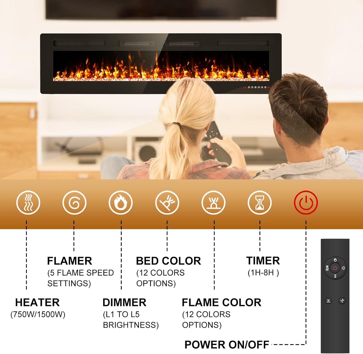 Eueiriup Recessed and Wall Mounted Fire with Remote Control