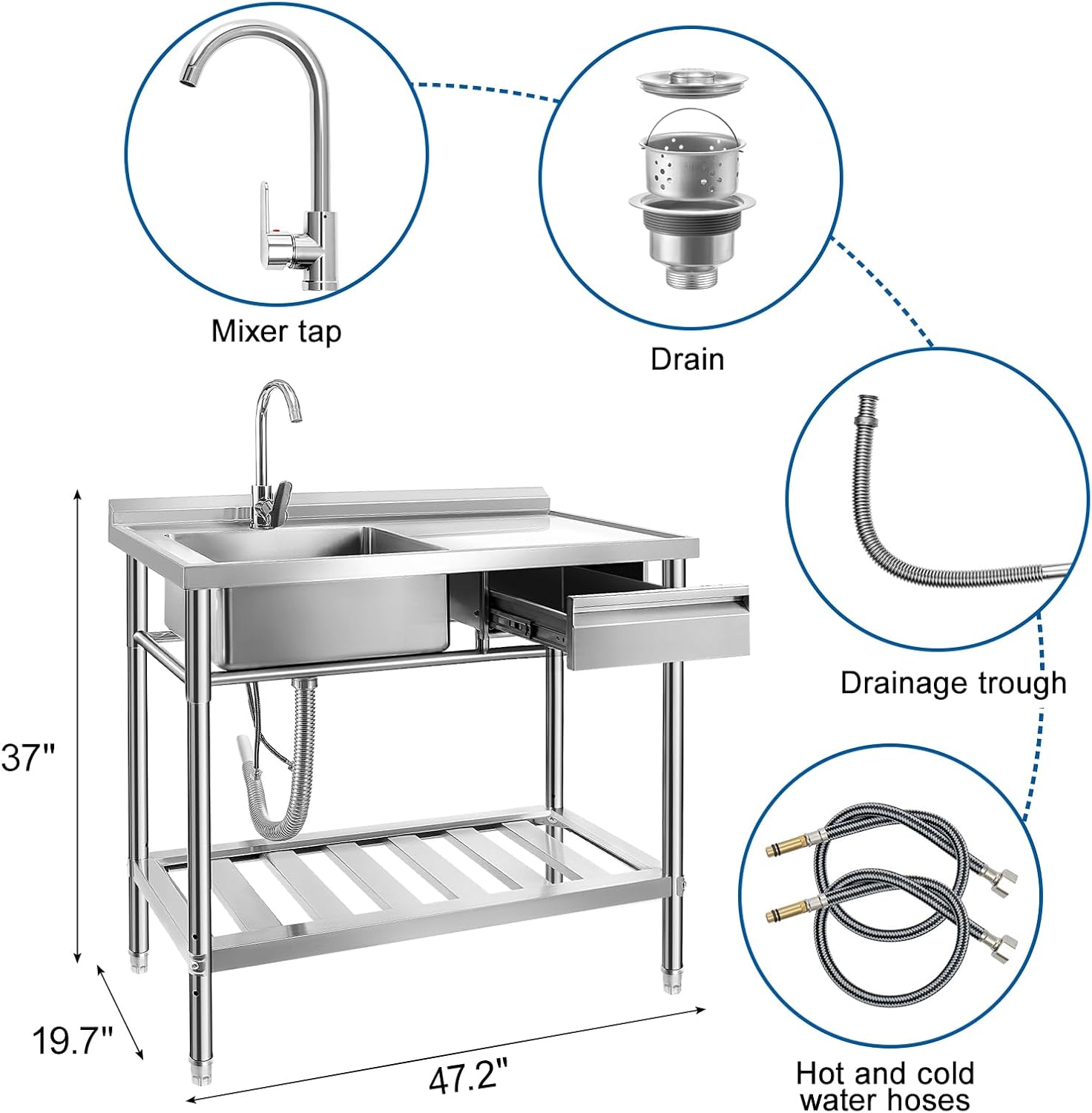 YORKING Stainless Steel Utility Sink, Free Standing Single Bowl Kitchen Sink