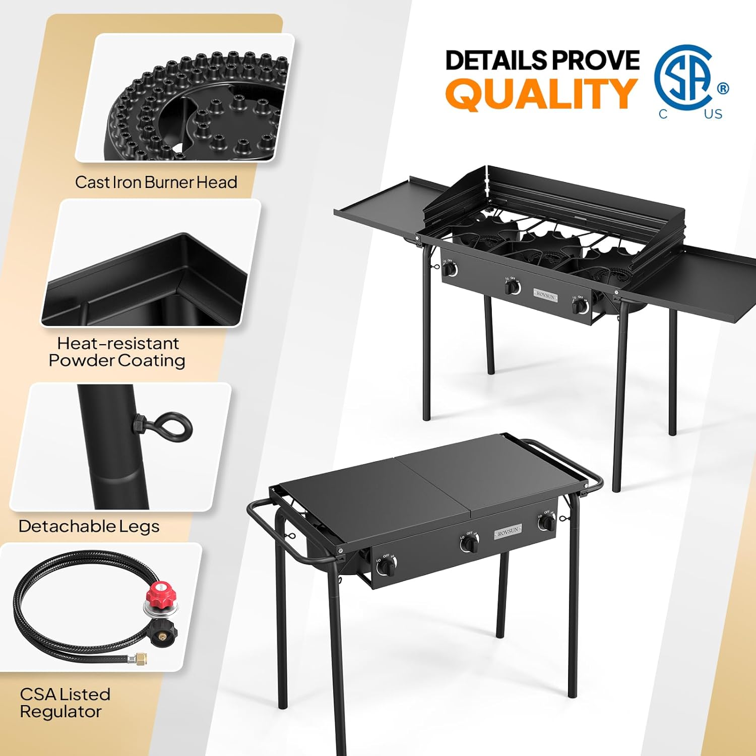 ROVSUN 3 Burner Gas Stove with 2 Side Shelves