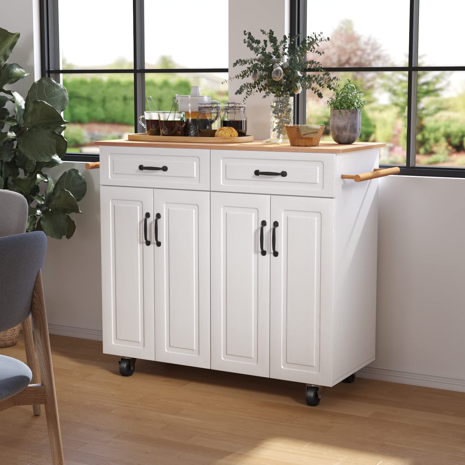 4 EVER WINNER White Kitchen Island with Storage on Wheels, Rolling Kitchen Island Cart with 2 Drawers& 4 Storage Cabinets, Wooden Countertop, Towel Racks, Adjustable Shelves