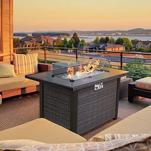 BLUBERY 44” Propane Fire Pit Table, 50,000 BTU PE Rattan Gas Fire Pit with Black Tempered Glass Tabletop, Glass Wind Guard, AutoIgnition, White Glass Stone, ETL CERT