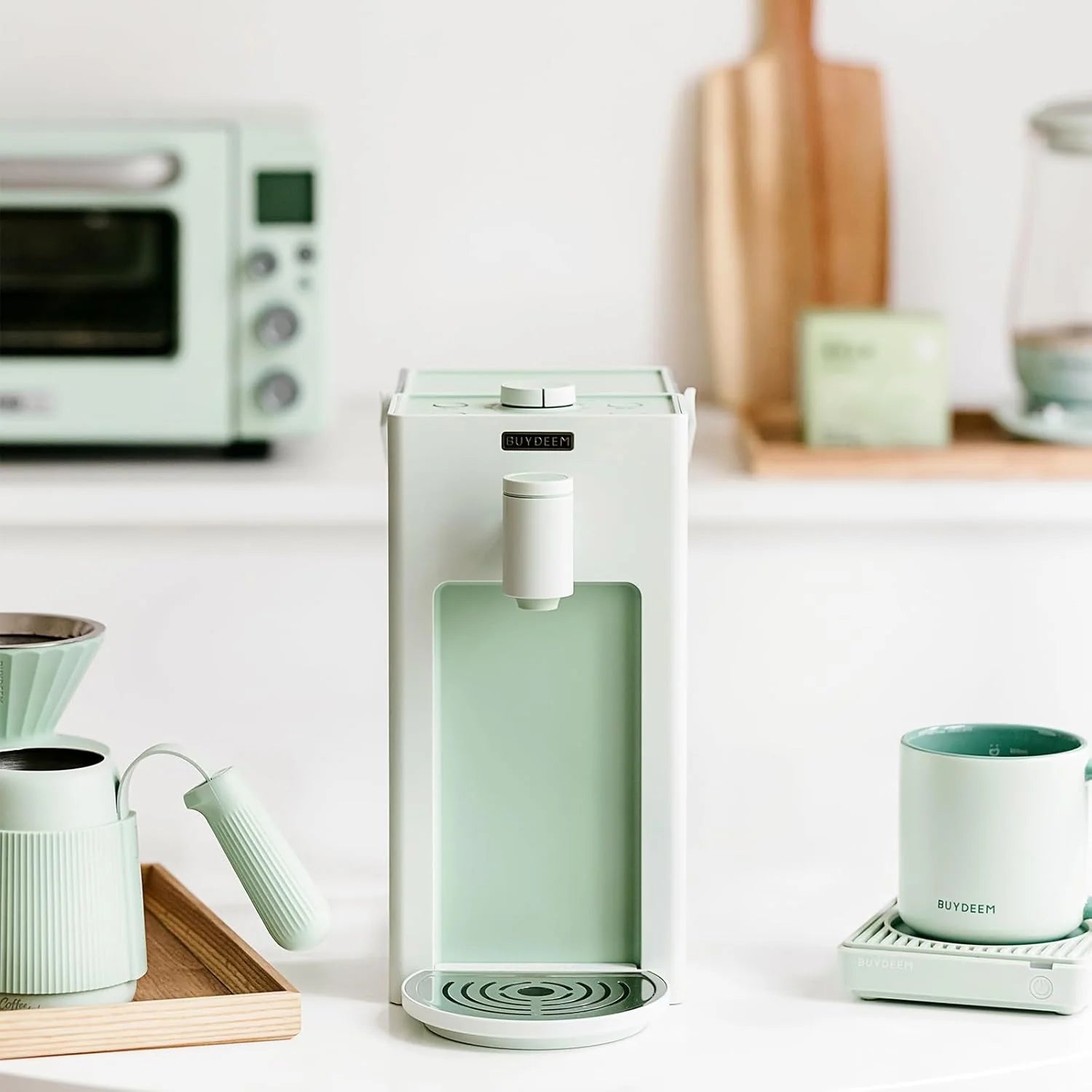 3-liter instant hot water dispenser, desktop water heater, with 8 temperature settings and 5 water volume options, quickly heats up, highly suitable for home and office use, featuring a warm and pleasant light green design.