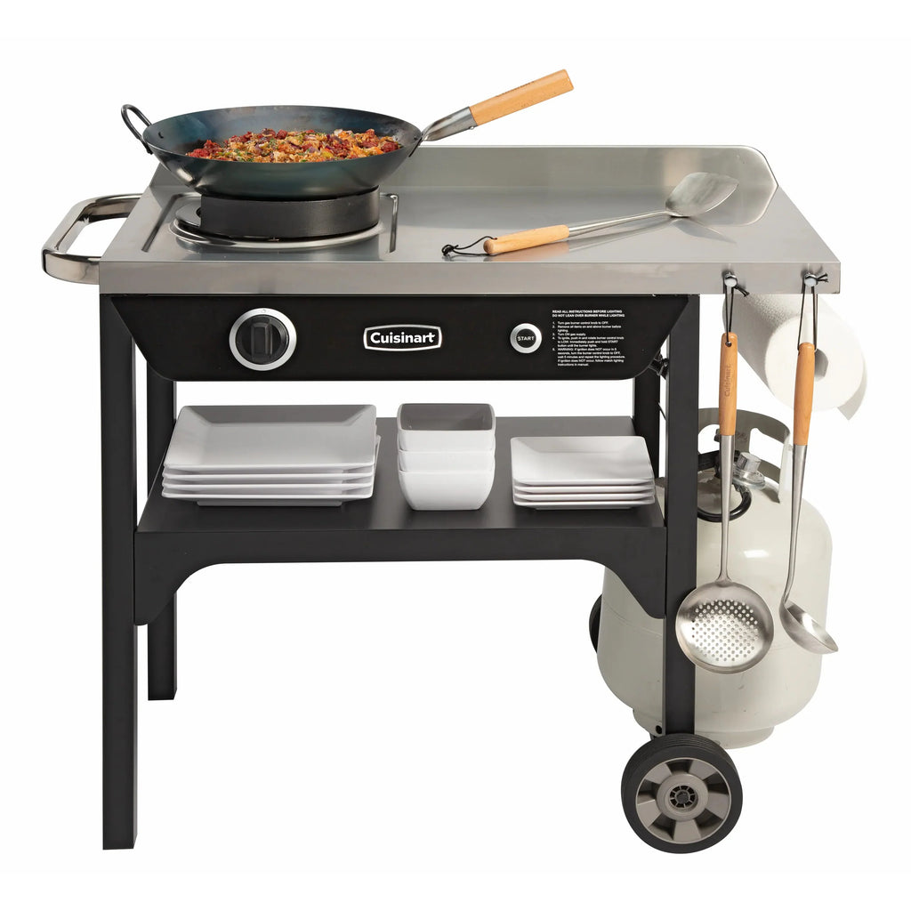 Cuisinart �� Outdoor Wok Station, 50,000 BTU Propane Outdoor Wok Burner w Prep Table, 14�测�� Carbon Steel Wok for Stir Fry, Searing, BBQ �� Black