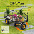 Steel Garden Cart, 2-in-1 1400 lbs Heavy Duty Utility Wagon, with Removable Mesh Sides to Convert into Flatbed, 240° U-Turn 13" Pneumatic Tires Garden Wagon for Farm Yard Lawn Garden Camping