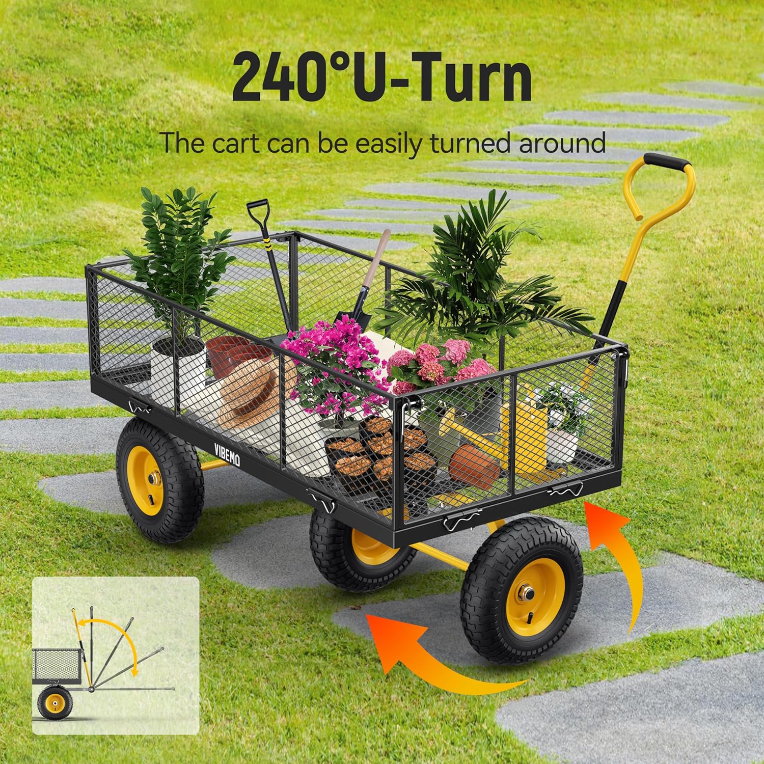 Steel Garden Cart, 2-in-1 1400 lbs Heavy Duty Utility Wagon, with Removable Mesh Sides to Convert into Flatbed, 240° U-Turn 13" Pneumatic Tires Garden Wagon for Farm Yard Lawn Garden Camping