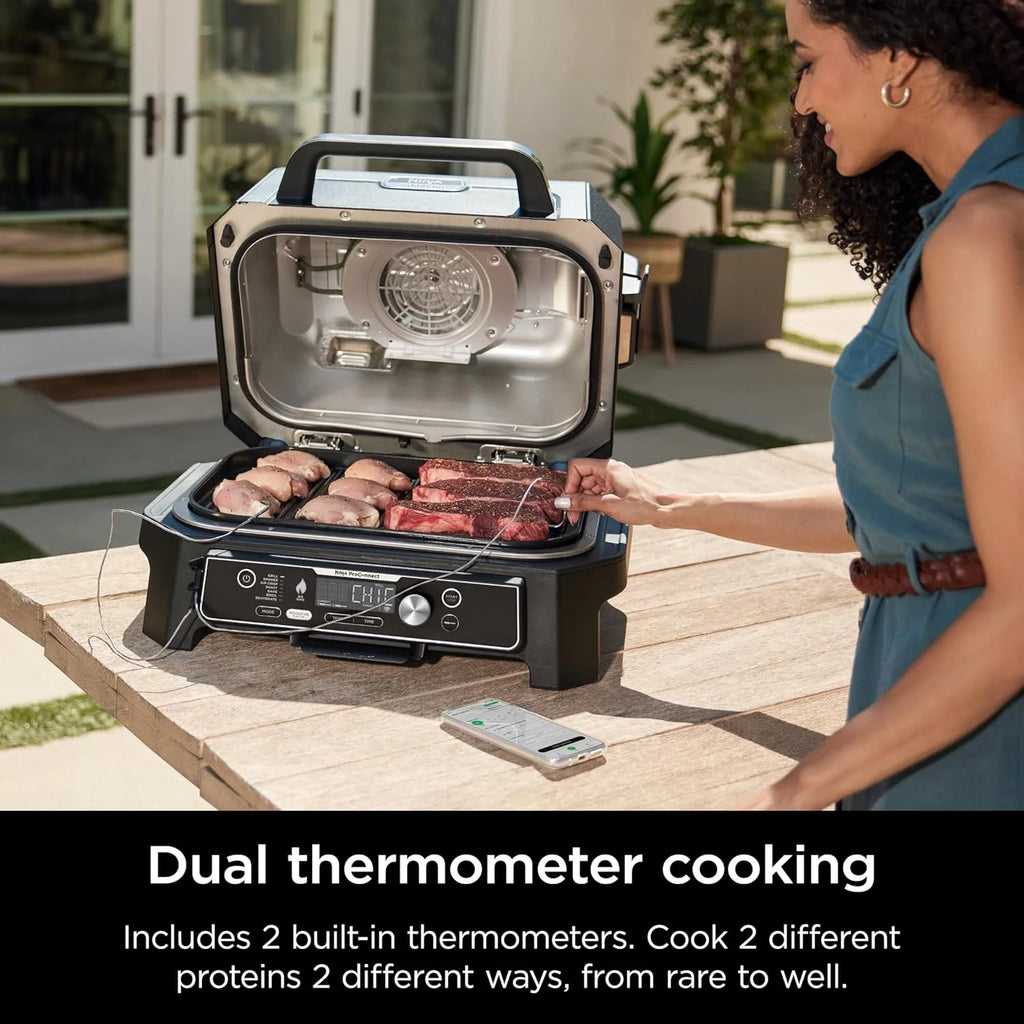 Ninja, Woodfire Pro XL Outdoor Grill & Smoker, Thermometer, 4-in-1 Master Grill, BBQ Smoker, Outdoor Air Fryer, Bake, Portable, Electric Grill, Dark Grey, OG850