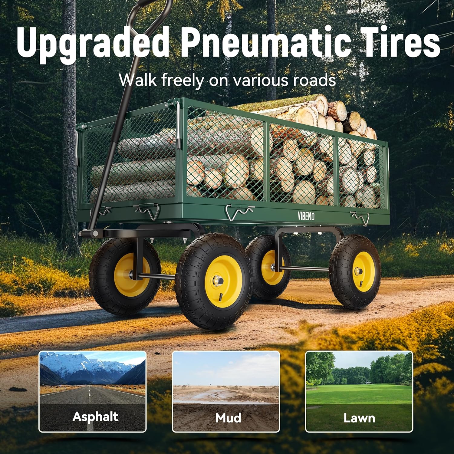 Steel Garden Cart, 2-in-1 1400 lbs Heavy Duty Utility Wagon, with Removable Mesh Sides to Convert into Flatbed, 240° U-Turn 13" Pneumatic Tires Garden Wagon for Farm Yard Lawn Garden Camping