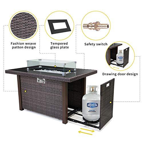 BLUBERY 44” Propane Fire Pit Table, 50,000 BTU PE Rattan Gas Fire Pit with Black Tempered Glass Tabletop, Glass Wind Guard, AutoIgnition, White Glass Stone, ETL CERT