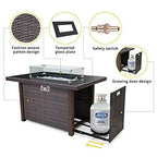 BLUBERY 44” Propane Fire Pit Table, 50,000 BTU PE Rattan Gas Fire Pit with Black Tempered Glass Tabletop, Glass Wind Guard, AutoIgnition, White Glass Stone, ETL CERT