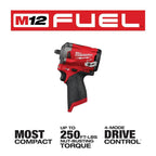 Milwaukee M12 FUEL 3/8′′ Cordless Brushless Stubby Impact Wrench, 250 ft-lbs Torque, Tool-Only