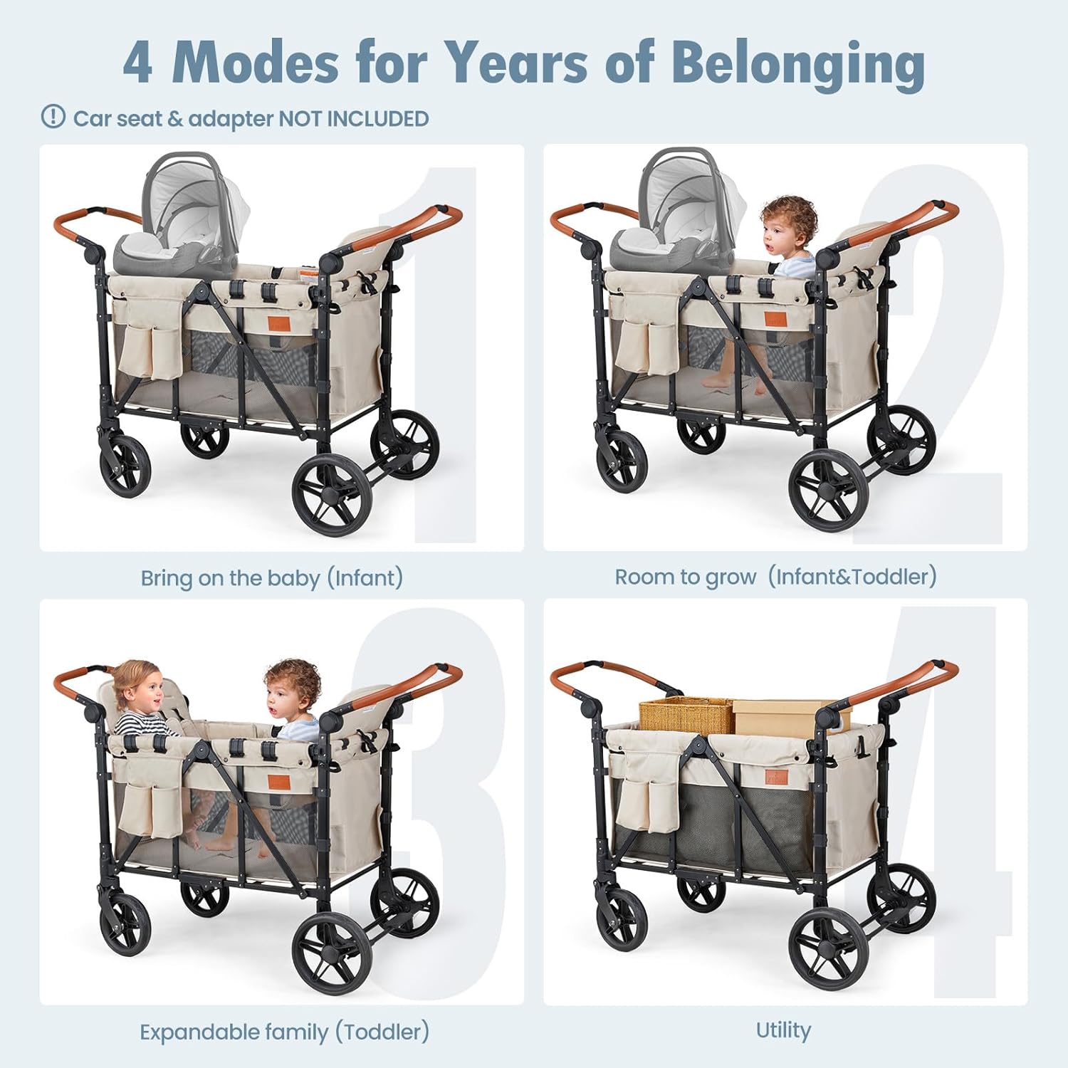 Wagon Stroller for 4 Kids, All-Terrain Wagon for Toddler with Canopy, Parent Organizer, Shoulder Bag, Adjustable Handlebar, Phone Holder, High Seat & 5 Point Harness, Ultimate Quad (Black)