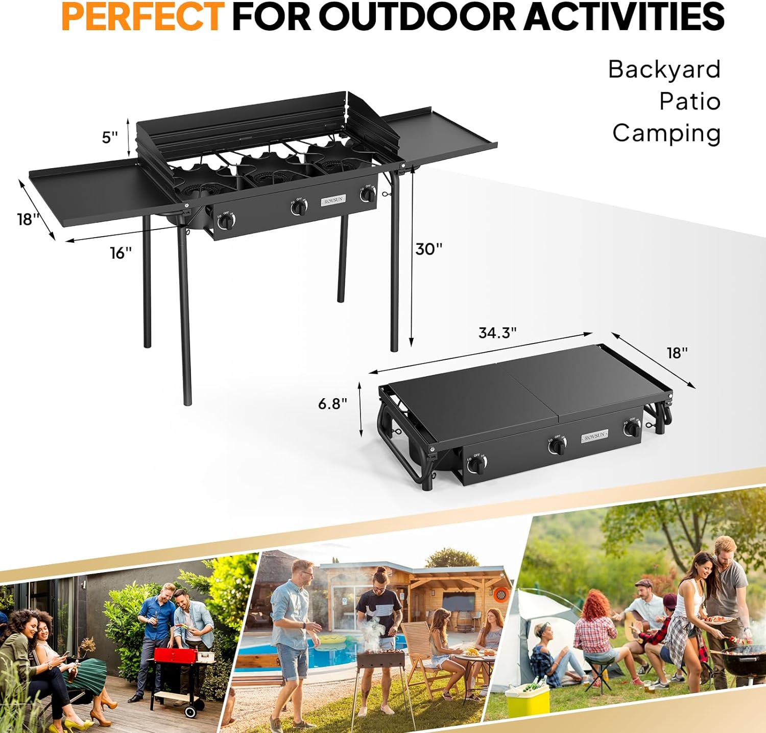 ROVSUN 3 Burner Gas Stove with 2 Side Shelves