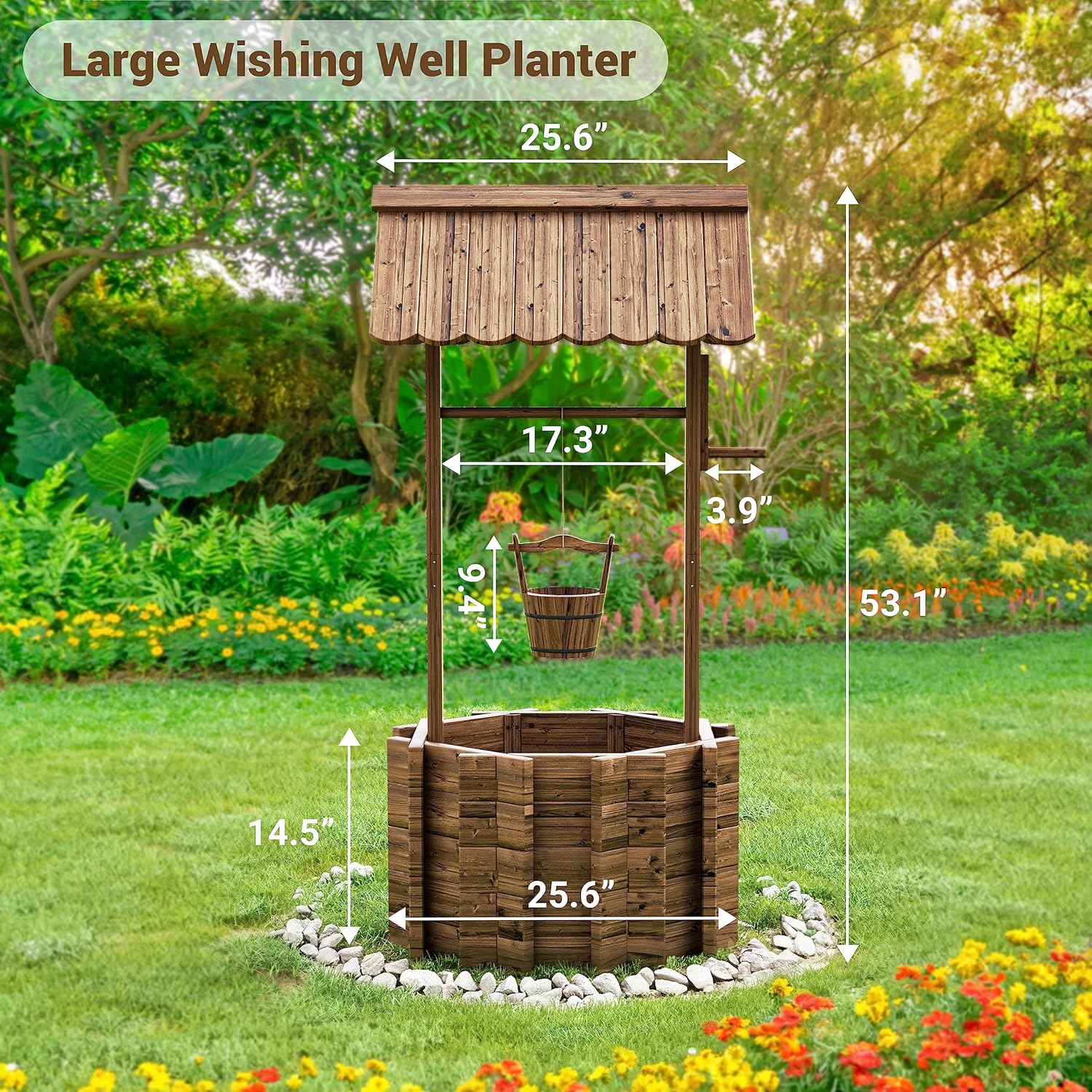 UDPATIO Wishing Wells for Yard, Large Wooden Wishing Well Planter for Outdoors